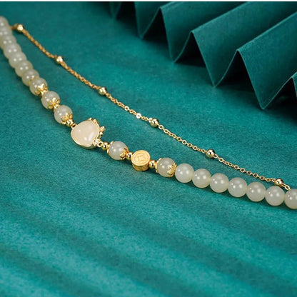 Hotan Jade Double-Layered Bracelet – Vintage Leaf Charm