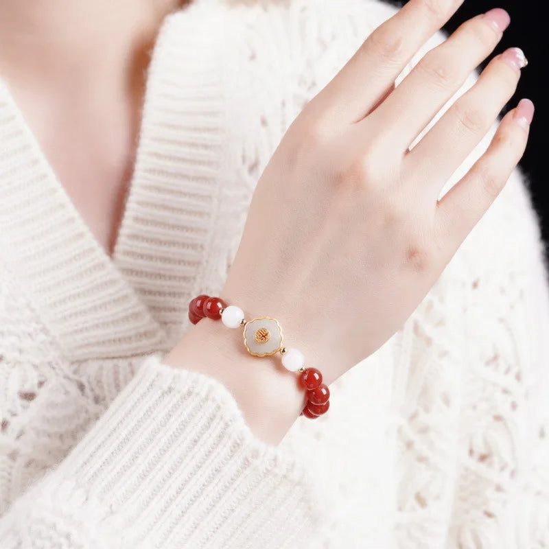 Red Agate & Hetian Jade Blessing Bracelet - Vintage Charm