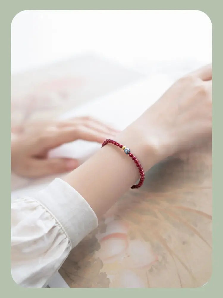 Natural Cinnabar & Blue Lotus Cloisonné Bracelet