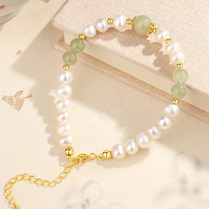 Green Agate & Jade Elastic Bead Bracelet — Wedding Gift Charm