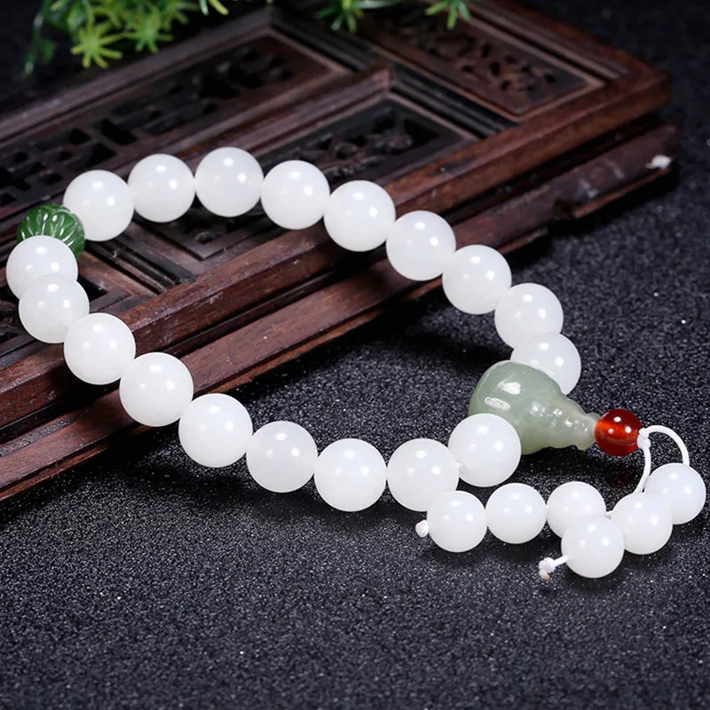 Hetian White Jade Flower Pendant Bracelet｜10mm Natural Bead Set