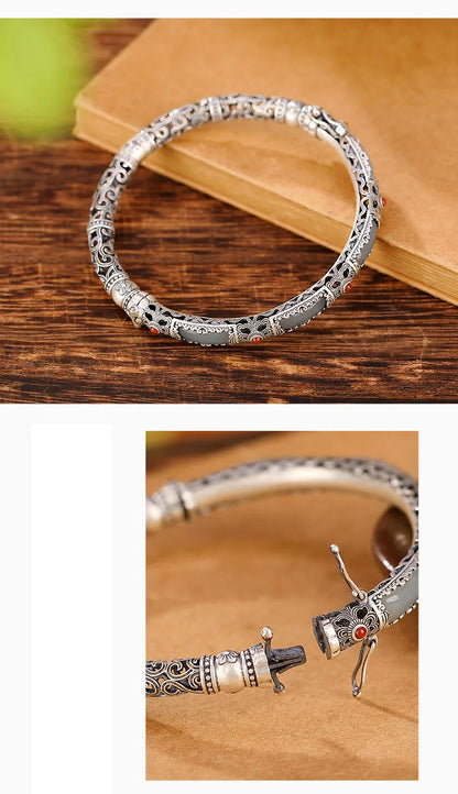 Hollow Butterfly Jade Bangle — Vintage Silver-Tone Bracelet