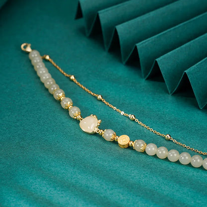 Hotan Jade Double-Layered Bracelet – Vintage Leaf Charm