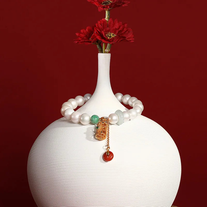 Hetian Jade & Freshwater Pearl Retractable Bracelet — Handmade Charm