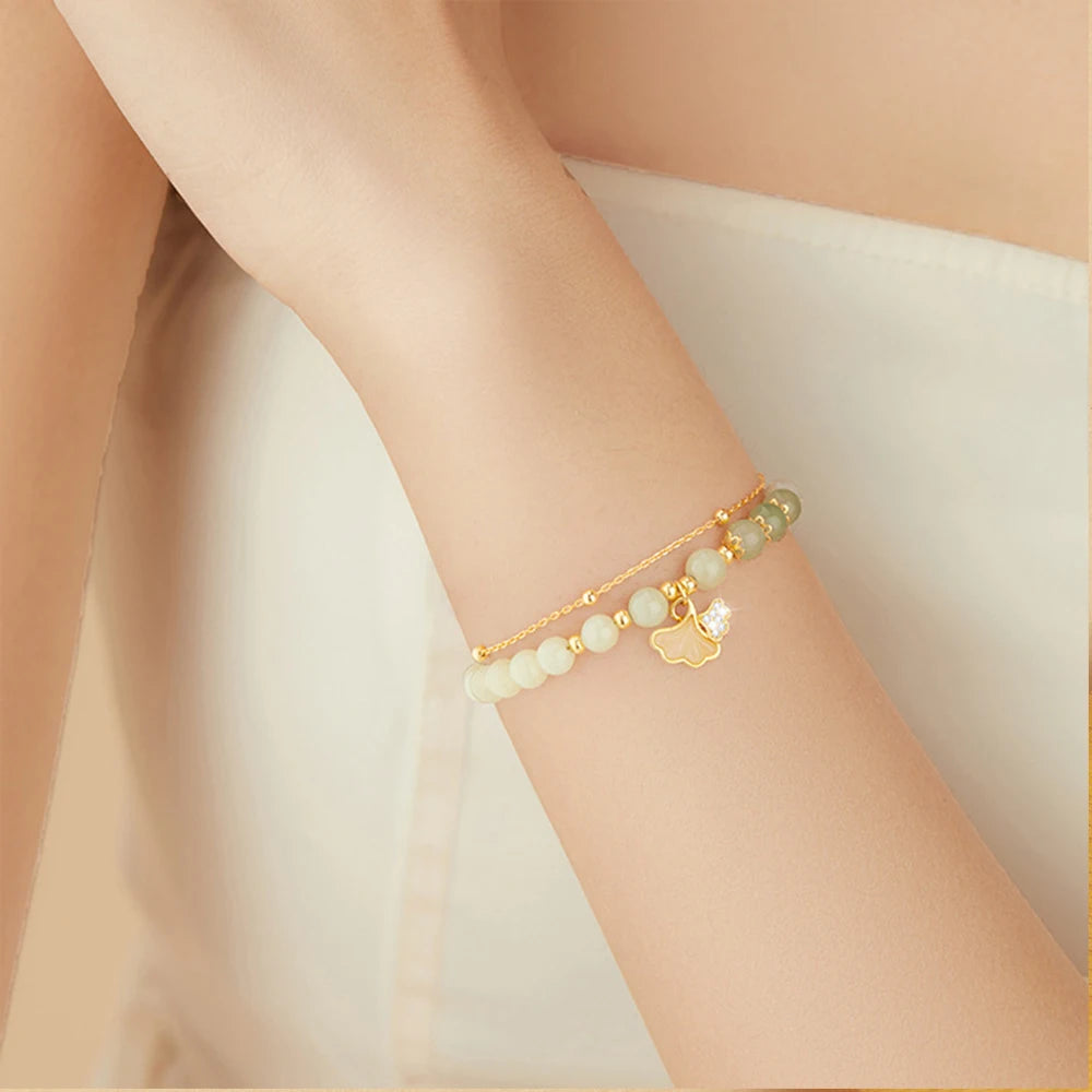 Hetian Jade Ginkgo Double-Layer Bracelet｜S925 Elegant Handmade