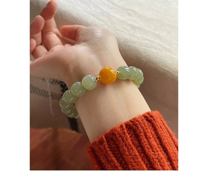 Natural Hetian Jade Green Bead Bracelet — Handmade Lucky Strand
