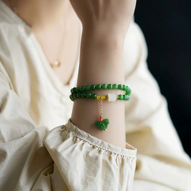 Natural Hetian Jade Elastic Bracelet｜Elegant Vintage Feng Shui Jewelry