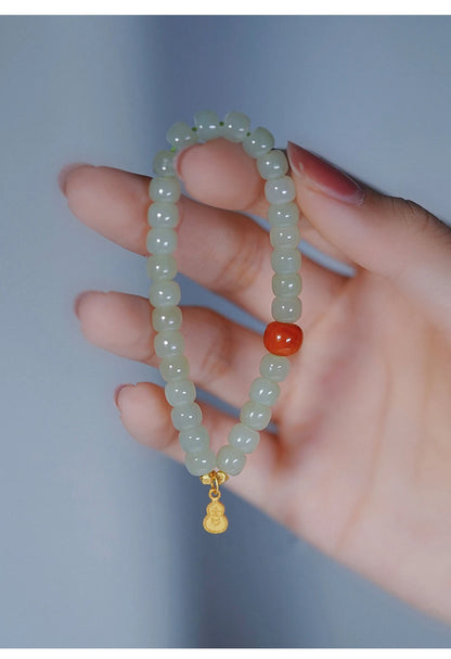 Hetian Jade & Red Bead Handstring Bracelet for Women