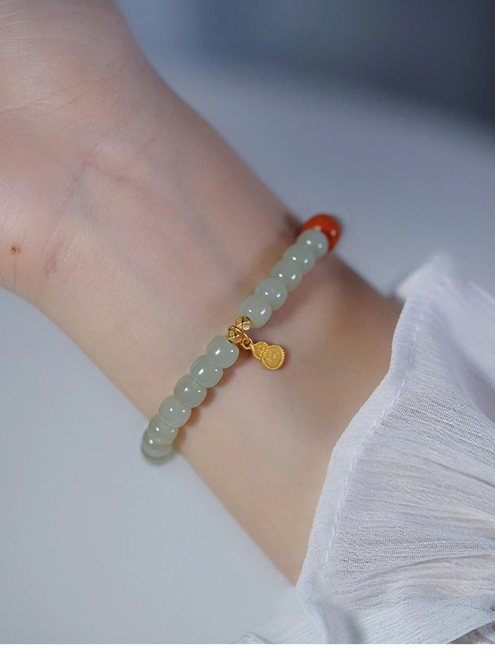 Hetian Jade & Red Bead Handstring Bracelet for Women