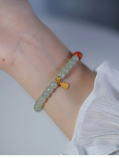 Hetian Jade & Red Bead Handstring Bracelet for Women