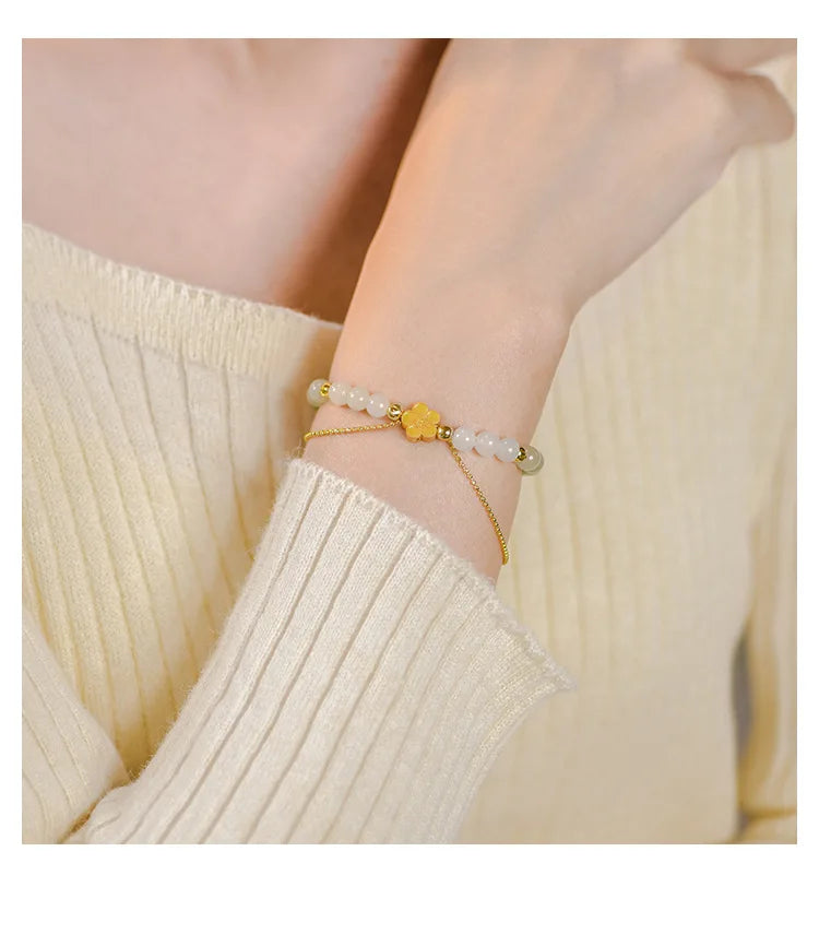 Peach Blossom Hotan Jade Hand-String Bracelet — Romance & Protection