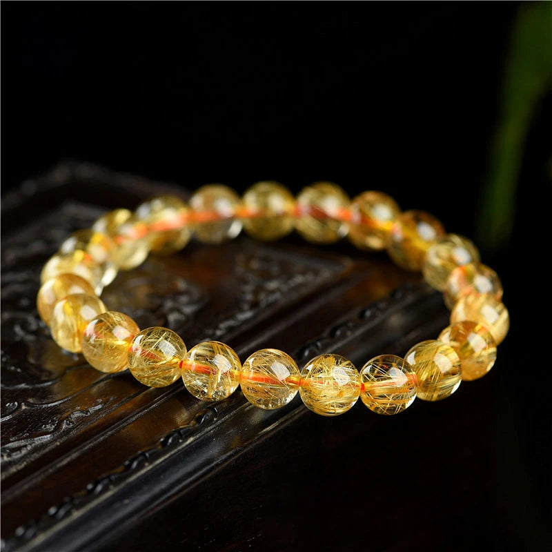 Rutilated Quartz Golden-Needle Round Bead Bracelet