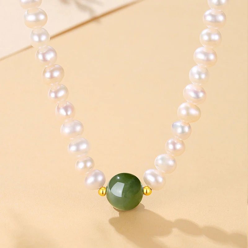Green Pearl Choker — Freshwater Pearl & Green Beads