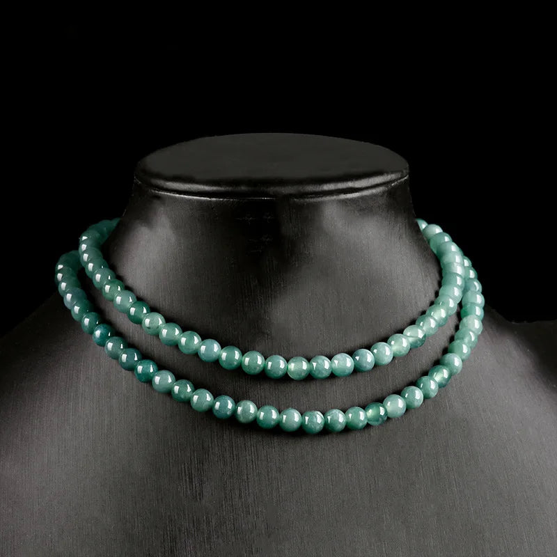 6mm Blue Jadeite Three-Loop Necklace & Bracelet — Ice Seed Water Jade