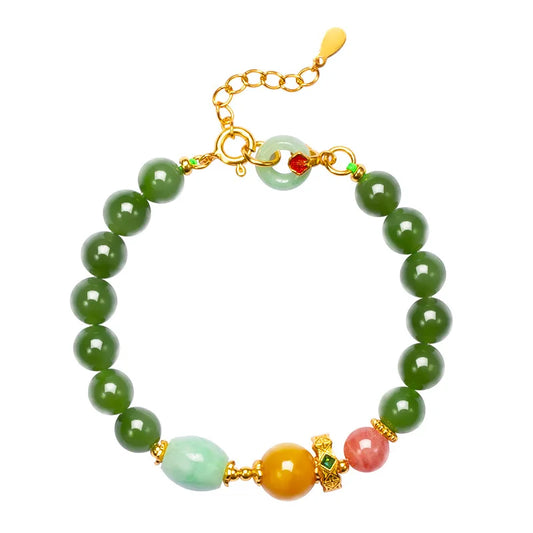 Hetian Jasper & Wax Amber Hand Chain｜Tibetan Silver Rope