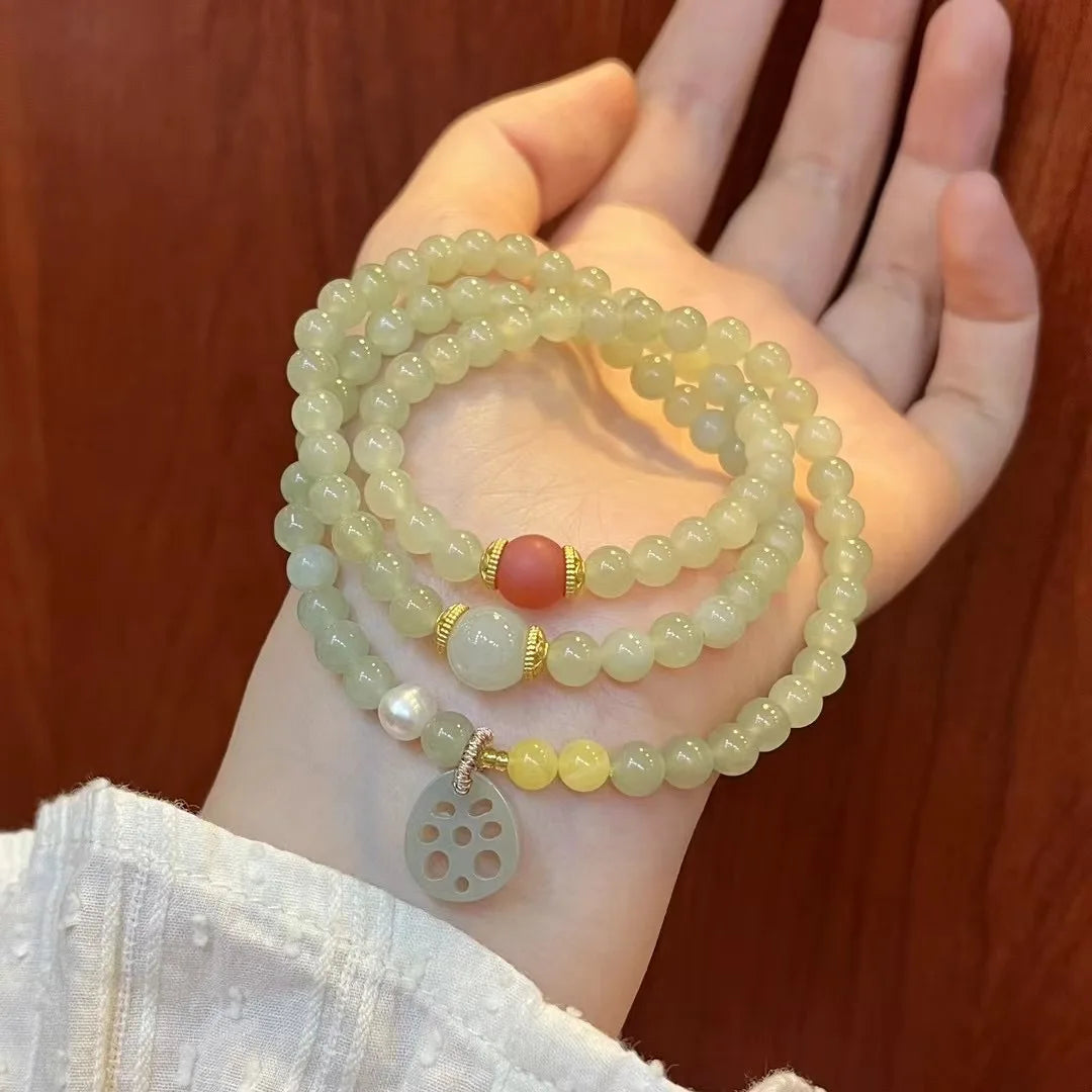 Hetian Jade Multi-Row Bracelet – Agate Lotus Pendant