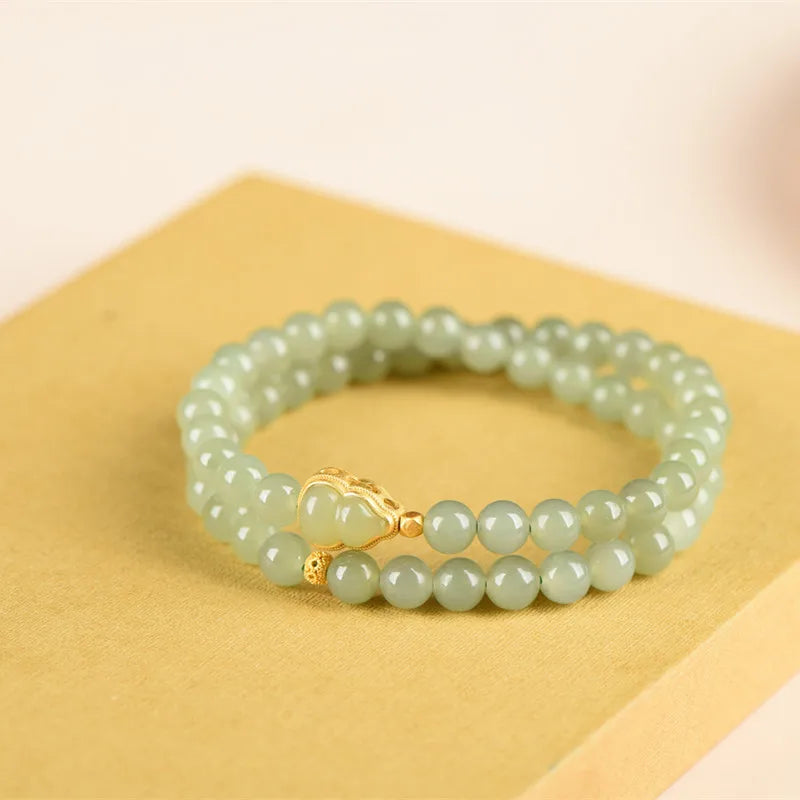 Hetian Jade Double-Loop Bracelet — 6mm Silver‑Gold Elegance
