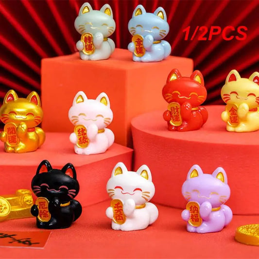 1/2PCS Lucky Feng Shui Cat Maneki Neko Fortune Cat Figurine Collectible Fortune Decor Ornaments Lucky Cat Mini Figure Collection
