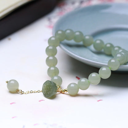 Hetian Jade Lotus Pendant 8mm Round Bead Bracelet — Elegant Charm for Women