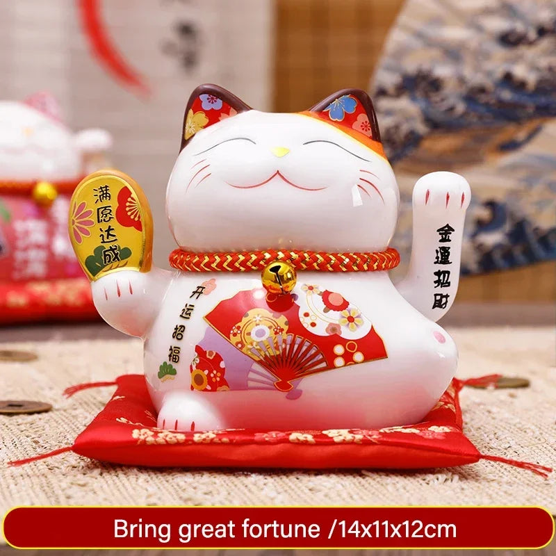 5英寸陶瓷招财猫摇手摆件｜电池驱动风水Maneki Neko家居旺财装饰