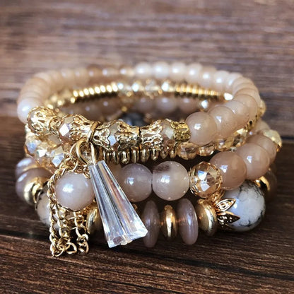 Bohemian Crystal Tassel Multi-Layer Elastic Bracelet Set (4pcs)