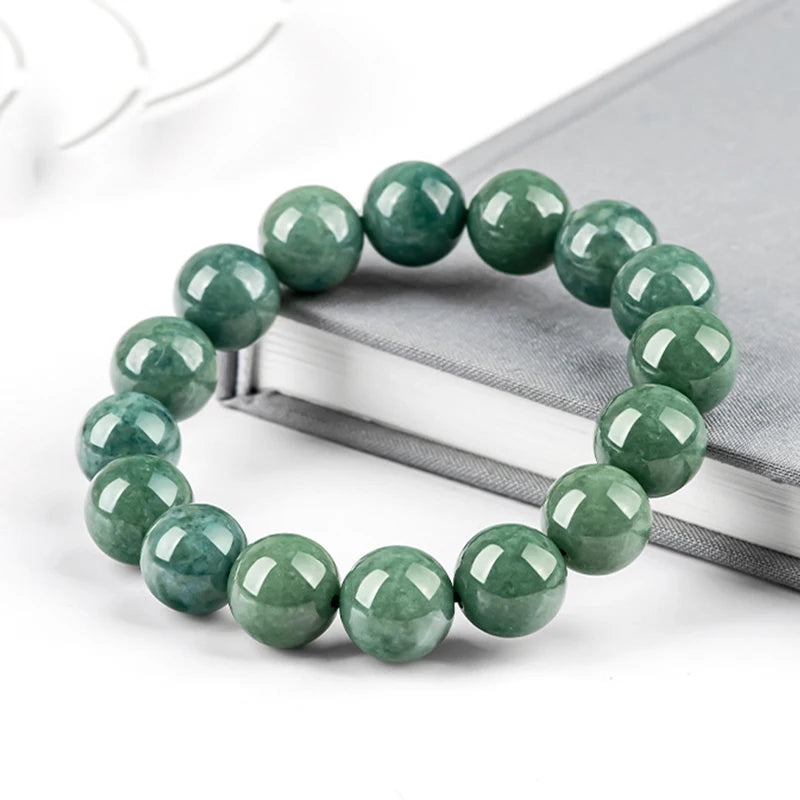 Green Ice Seed Jade Deep-Bean Round Bead Bracelet｜Unisex Feng Shui Charm