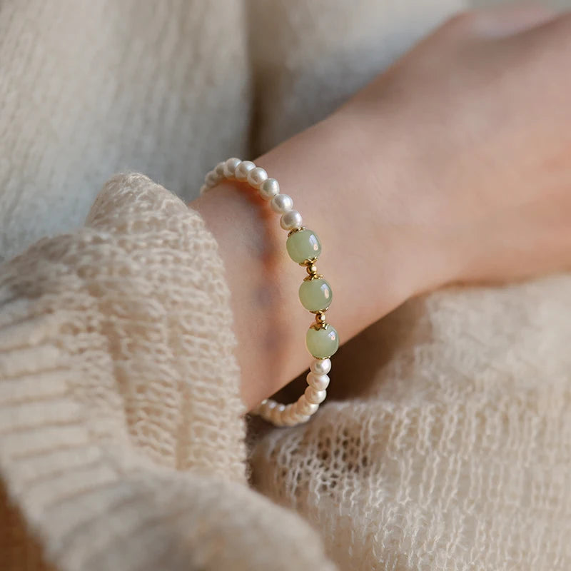 Hotan Jade & Pearl 925 Silver Stretch Bracelet - Light Luxury Gift