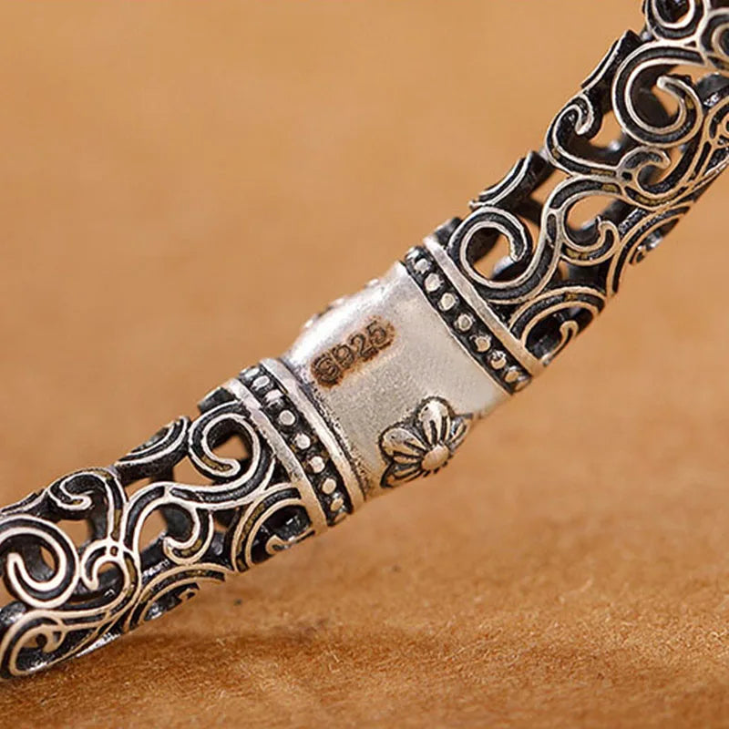 Hollow Butterfly Jade Bangle — Vintage Silver-Tone Bracelet