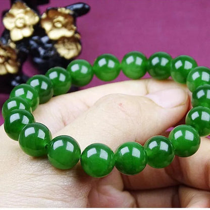 Natural Green Jadeite Round Bead Bracelet with Hand Charm ｜ Adjustable Unisex Lucky Bangle