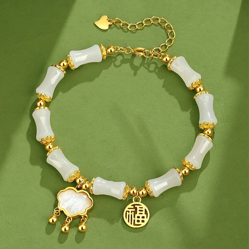 Hetian Olive Jade Bracelet - Bamboo Knot Adjustable Charm