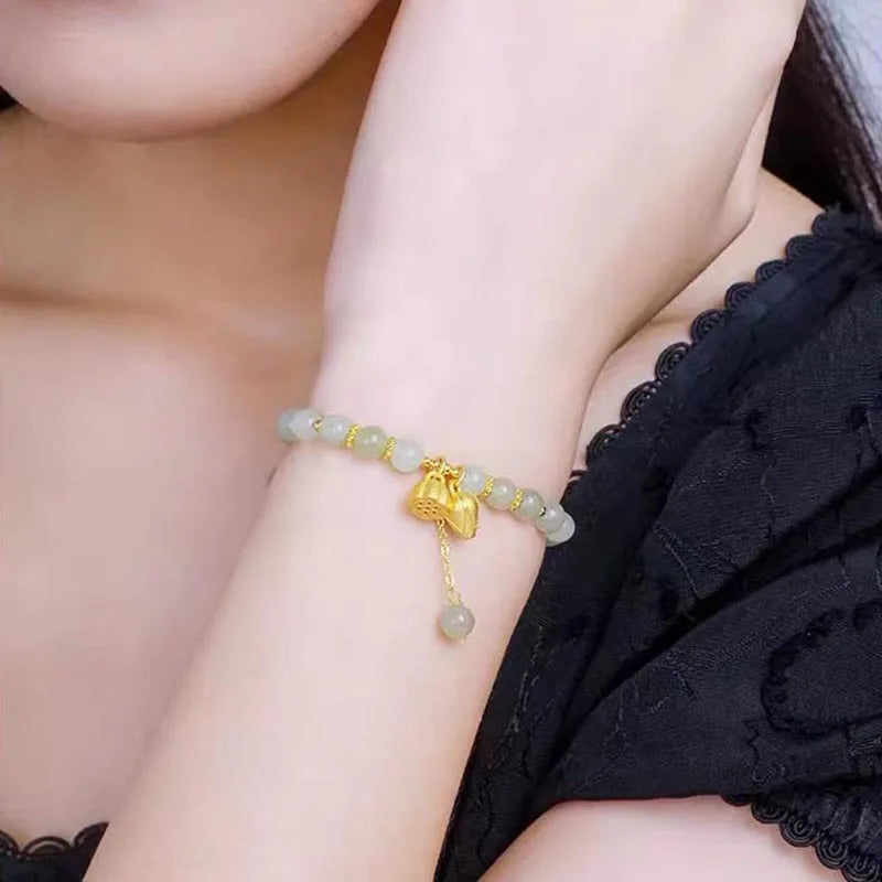 6MM Hetian Jade Lotus Bracelet — Green‑White Hand‑Strung Charm