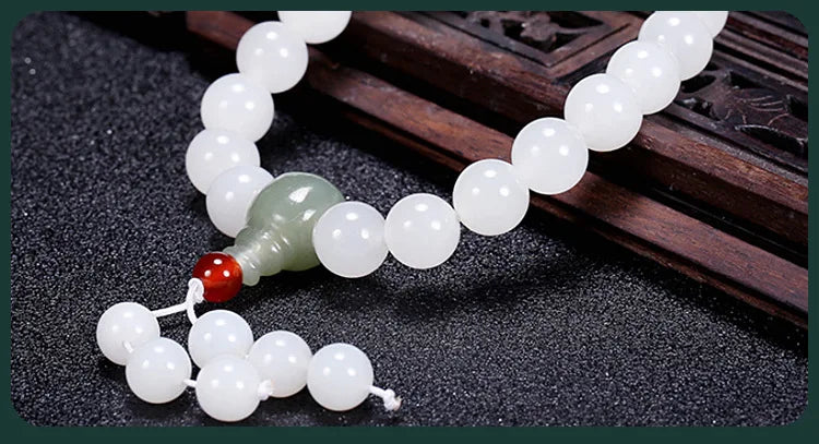 Hetian White Jade Flower Pendant Bracelet｜10mm Natural Bead Set