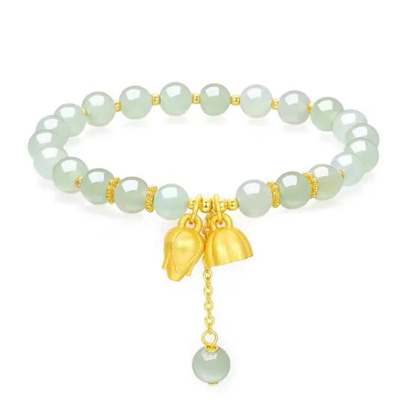 6MM Hetian Jade Lotus Bracelet — Green‑White Hand‑Strung Charm