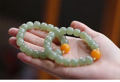 Natural Hetian Jade Green Bead Bracelet — Handmade Lucky Strand