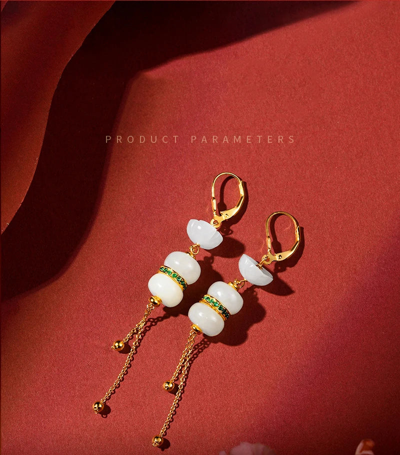 Hetian White Jade Tassel Earrings — Retro Feng Shui Elegance