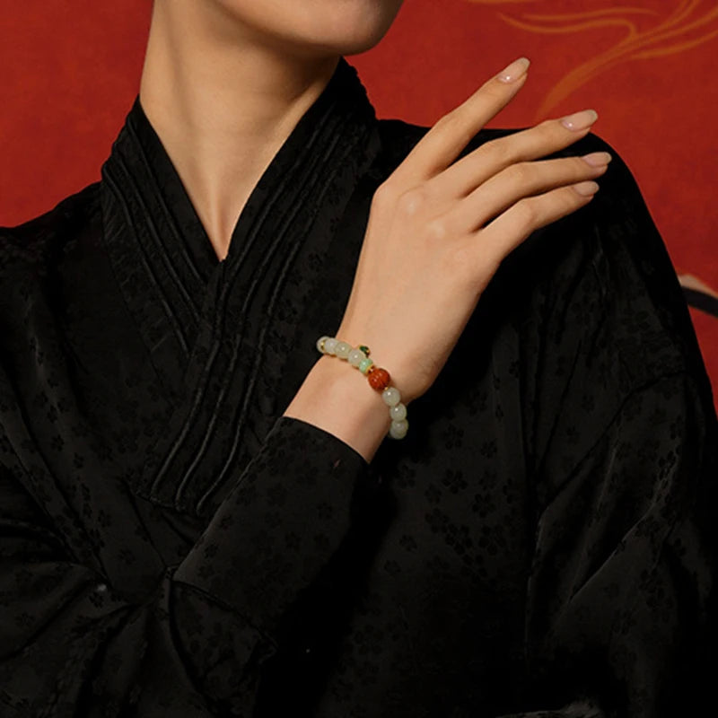 White Jade & Green Jasper Amber Beaded Bracelet - Vintage Charm