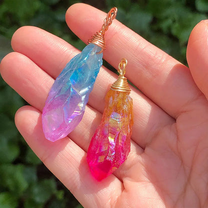 粉蓝电镀石英水晶尖原石摆件｜水族造景 风水净化能量