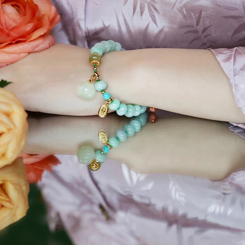 Green Agate & Hotan Jade Gourd Bracelet｜Classic Couple Gift
