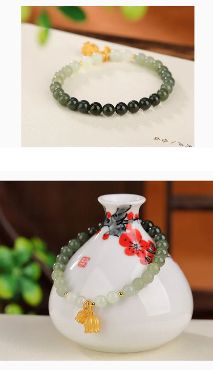 Blue Hotan Jade Gradient Bead Bracelet｜S925 Gold-Plated Elegance