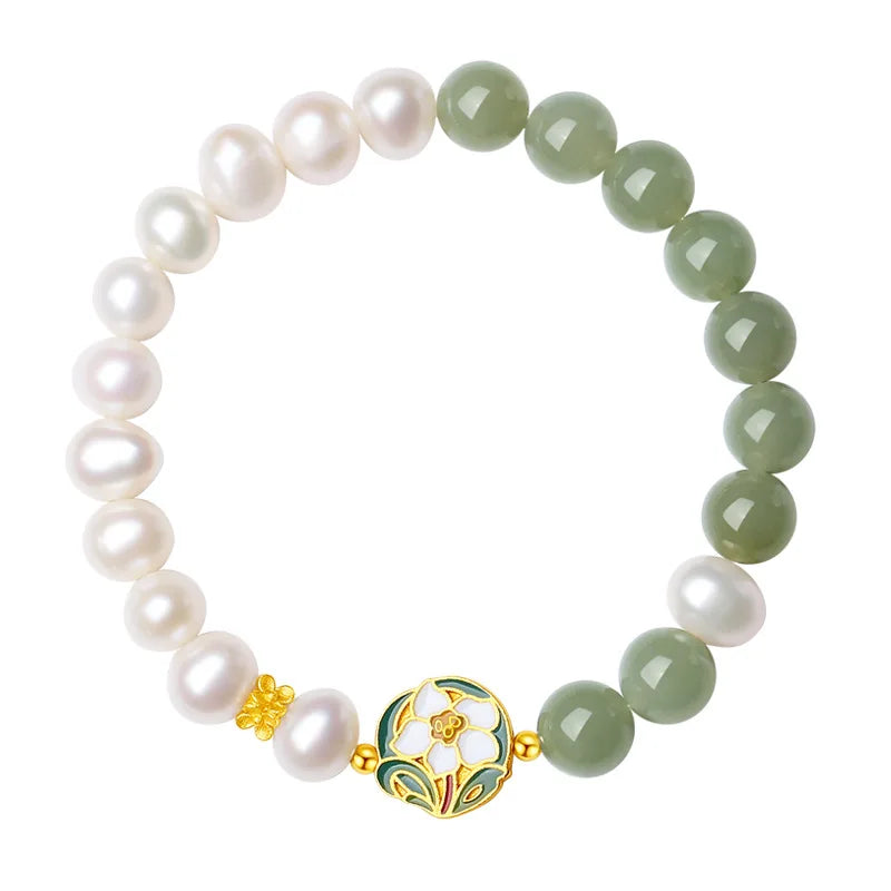 Freshwater Pearl & Hotan Jade Gradient Bracelet — Camellia