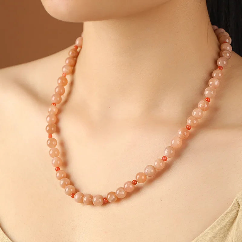 Warm Sunstone Red-Glow Beaded Collarbone Bracelet Charm