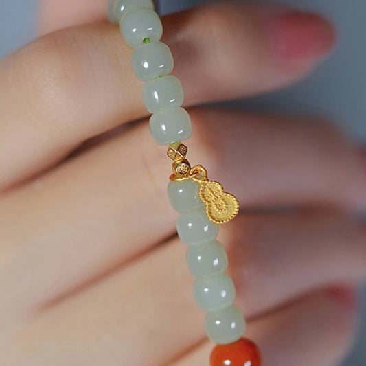 Hetian Jade & Red Bead Handstring Bracelet for Women