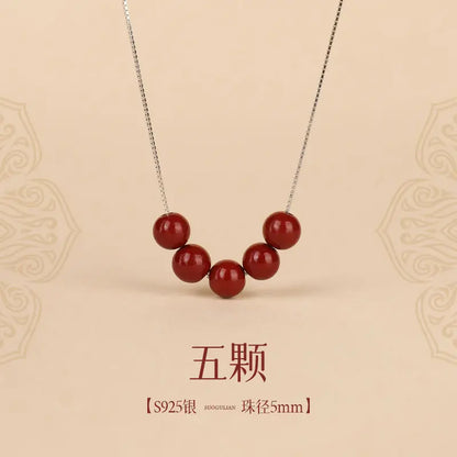 Natural Cinnabar Water-Drop Pendant Necklace｜Silver Chain Lucky Beads