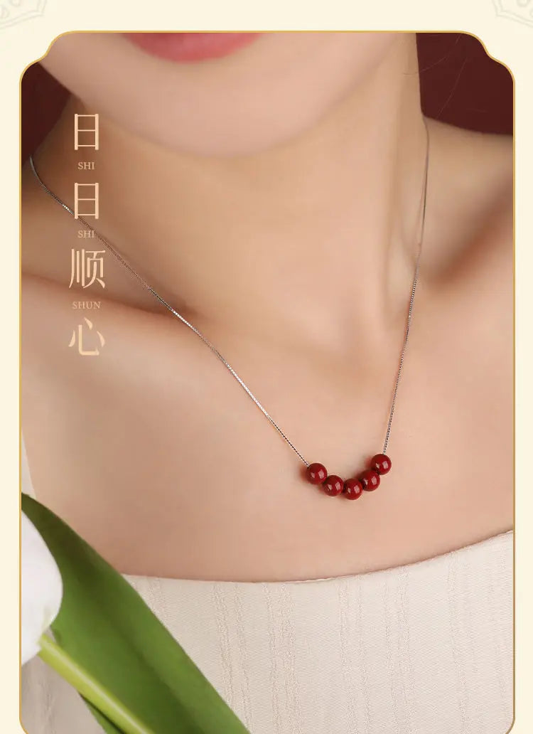 Natural Cinnabar Water-Drop Pendant Necklace｜Silver Chain Lucky Beads