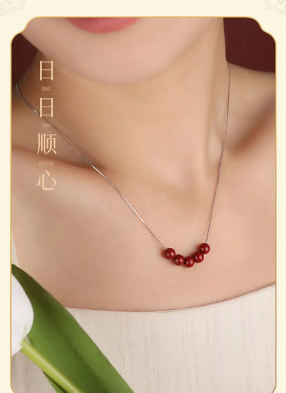 Natural Cinnabar Water-Drop Pendant Necklace｜Silver Chain Lucky Beads