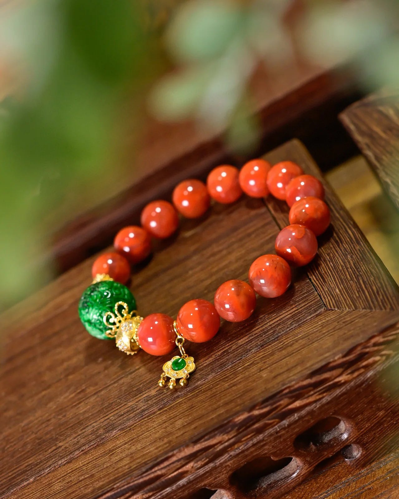 天然四川南红玛瑙与A货翡翠回纹转运手链·925银招财护身饰