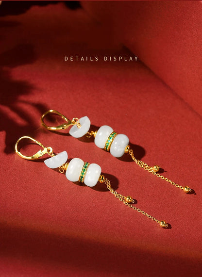 Hetian White Jade Tassel Earrings — Retro Feng Shui Elegance
