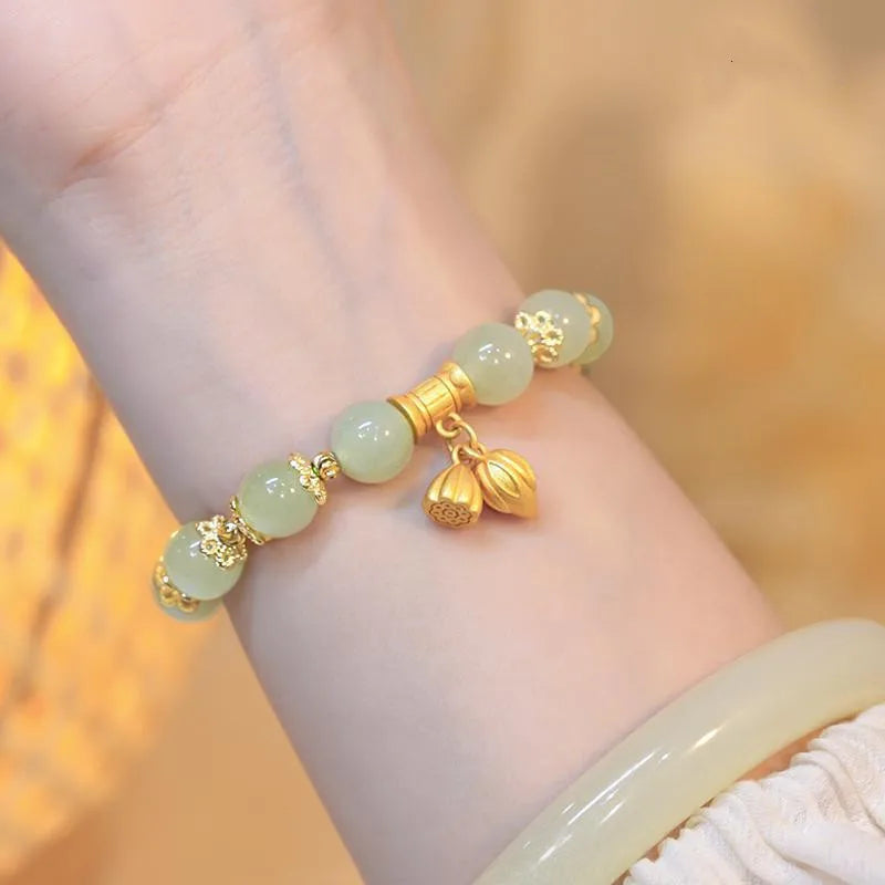 Golden Lotus Hetian Jade Beaded Bracelet — Green Serenity Charm