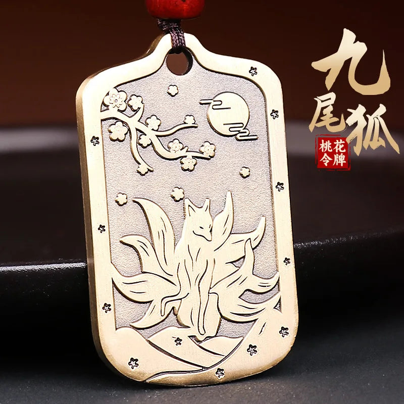 Taoist Peach Blossom Brass Necklace & Fox Keychain Set
