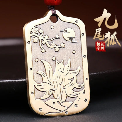 Taoist Peach Blossom Brass Necklace & Fox Keychain Set